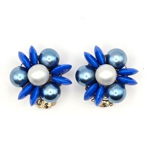 Vintage Beaded Flower Cluster Faux Pearl and Blue Bead Clip On Earrings Japan